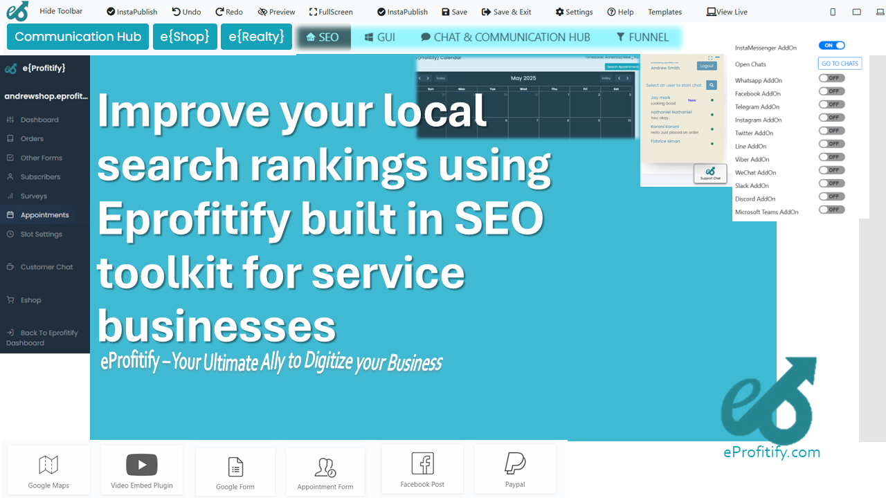 Improve your local search rankings using Eprofitify built in SEO toolkit for service businesses